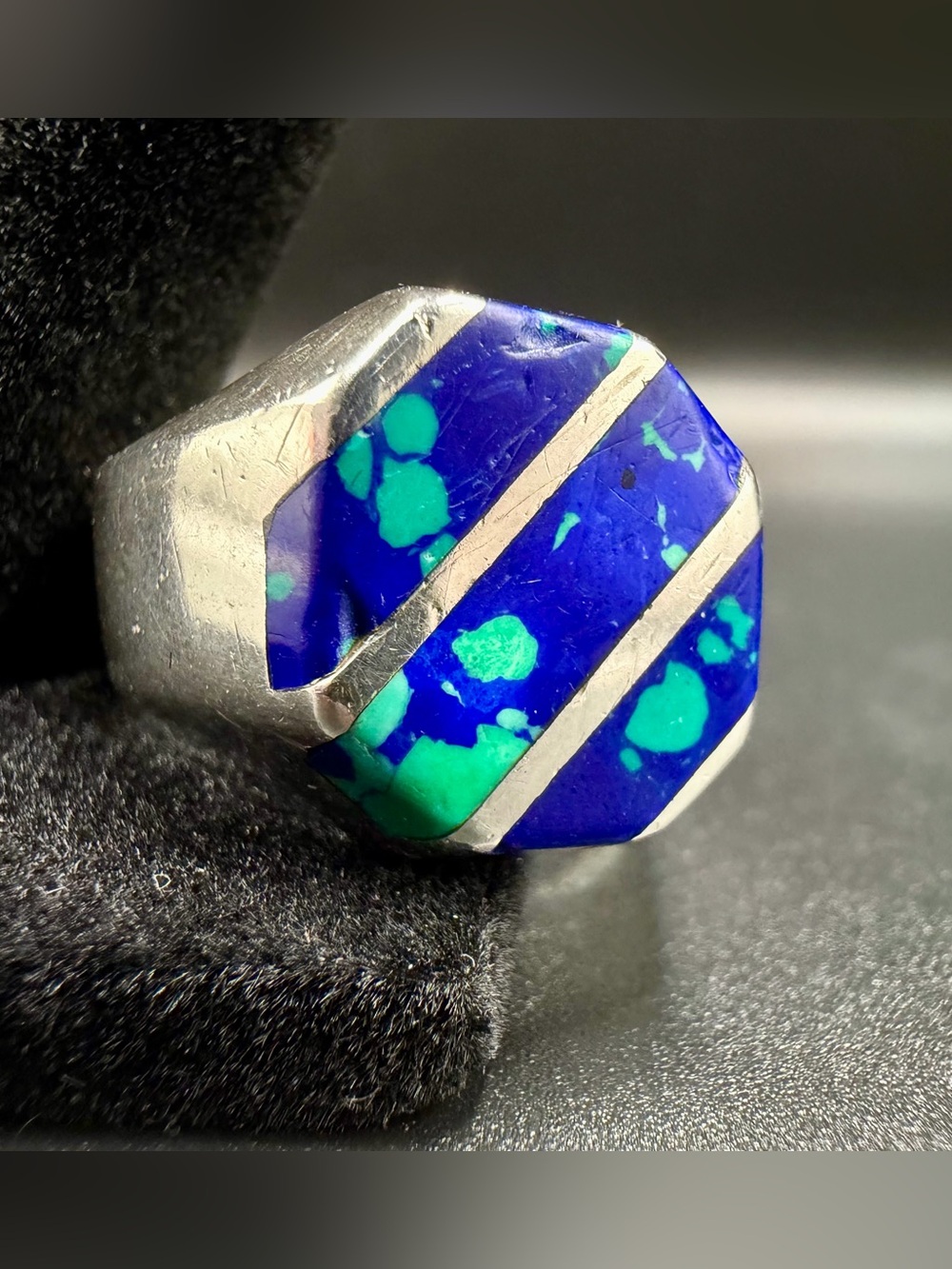 Vintage Taxco 80s Modernist 925 Sterling Azurite Inlay Ring Mexico Sz 10 14g